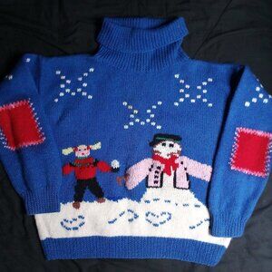 Vintage Berek Snowman Sled Winter Christmas Wool Turtleneck Sweater